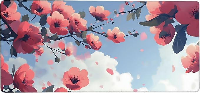 Cute Floral Aesthetic Cherry Gaming Mouse Pad, Blue Pink Anime Desk Mat with Anti-Slip Base & Stitched Edges, Office Supplies & Desk Decor for Women, 35.4" x 15.7" in Home Office Essentials
