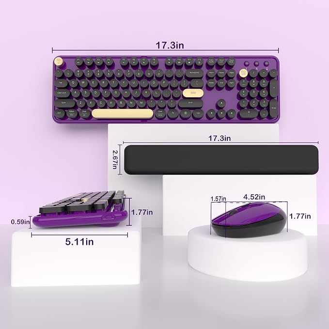 Links9+ Wireless Typewriter Keyboard and Mouse Combo (Purple-Black) | Full-Size Retro Round Keycaps, Clicky Typing, Ergonomic Design, Smart Auto-Sleep, Perfect for Office, Home and School