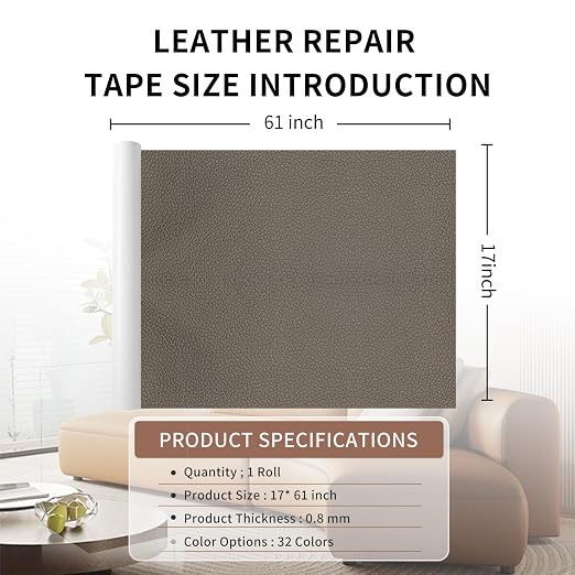 Leather Repair Patch Tape Kit Grey Brown 17 x 61 Self Adhesive Leather Repair Patch for Furniture, Couch, Sofa, Car Seats,Office Chair,Vinyl Repair Kit