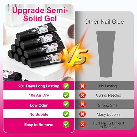 Nail Glue for Press On Nails 6ml x 6Pcs, Semi Solid Nail Glue No UV Light Needed Super Strong Glue Mini Tubes Quick Drying Gel Long Lasting for Fake Acrylic Nails