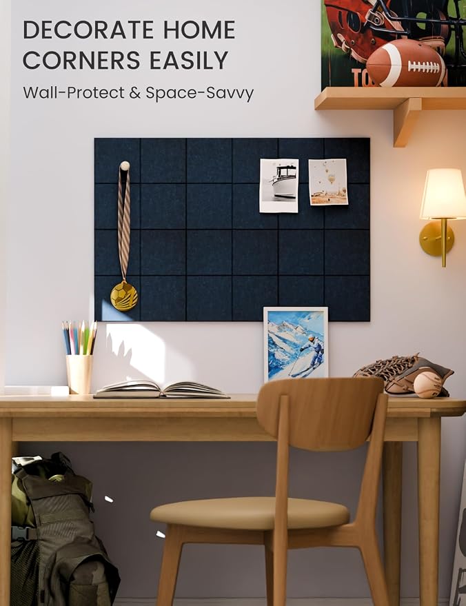 28" x 18" Felt Bulletin Board Tiles, 4-Compartment, Carbon Blue | 6-Pack Cork Board Alternative, 30 Adhesive Tabs, Push Pin Board, Wall Decor, Office, Home, Classroom, Dorm