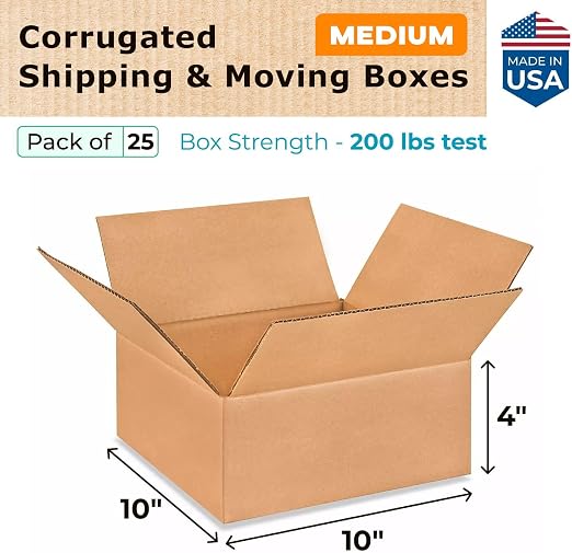 Medium Moving & Shipping Boxes 10"L x 10"W x 4"H (25-Pack) - Extra Strength 200 lb vs Regular - Corrugated Shipping Boxes for USPS/UPS/FEDEX - Box for Packing - Heavy Duty Box by IDL Packaging | Extra Strength 200 lb vs Regular - Corrugated Shipping Bo...