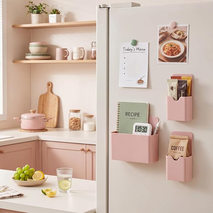 Crtiin 3 Pcs Magnetic Pen Holder Set for Refrigerator, Magnetic Desk Organizer with 1 Large 2-Compartment and 2 Small Holders, Marker Holder for Refrigerator, Whiteboard, Home Office(Pink)