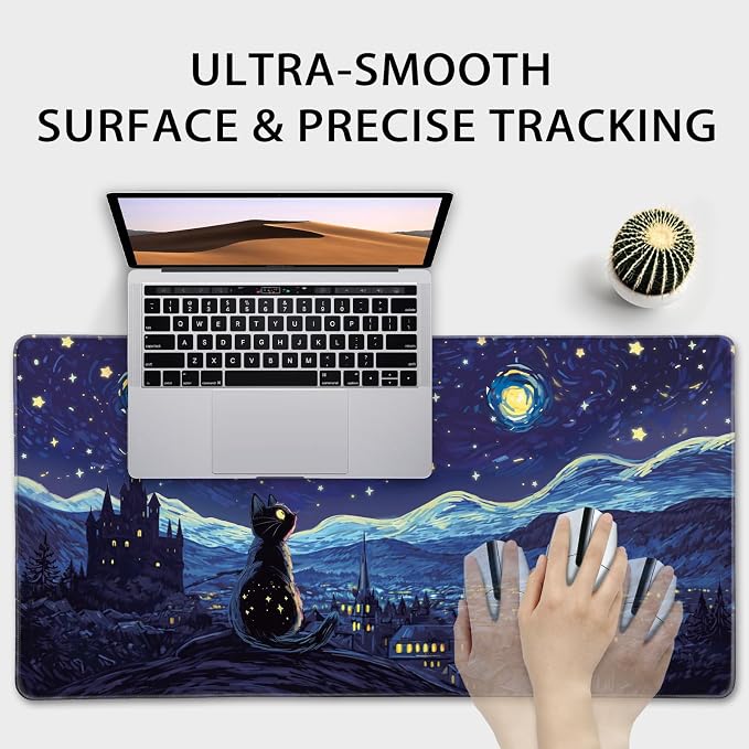 Starry Night Cat Large Gaming Mouse Pad Desk Mat 31.5"x15.7" | Extended Mousepad, Non-Slip Rubber Base , Stitched Edges, for Computer/Laptop/Office/Home