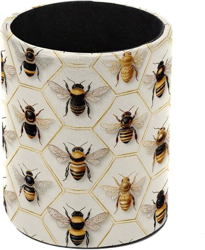 Leather Pen Holder for Desk, Honeycomb Bees Pencil Cup Pen Organizer Makeup Brush Holder for Office Home Kids Countertop Desk Accessory Storage