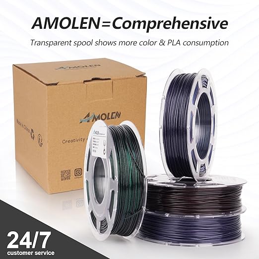 AMOLEN PLA 3D Printer Filament,PLA Filament 1.75mm,Silk Shiny Filament Bundle, Black Red, Blue,Purple,Green, 3D Printing Filament Bundle, 200gX 4 Spools