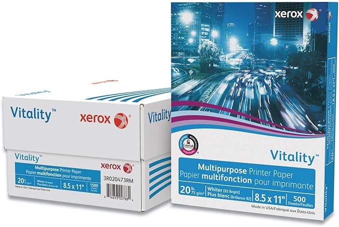 xerox Vitality Multipurpose Print Paper, 92 Bright, 20 lb Bond Weight, 8.5 x 11, White, 500 Sheets/Ream, 3 Reams/Carton