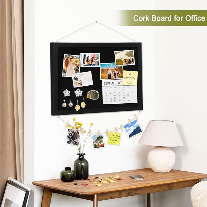 Double-Sided Black Cork Board with Linen, 24" x 18" Hanging Wood Framed Large Bulletin Board, Picture Display Vision Board Kit Corkboards for Wall Room School Office Decor, 20 Pushpins