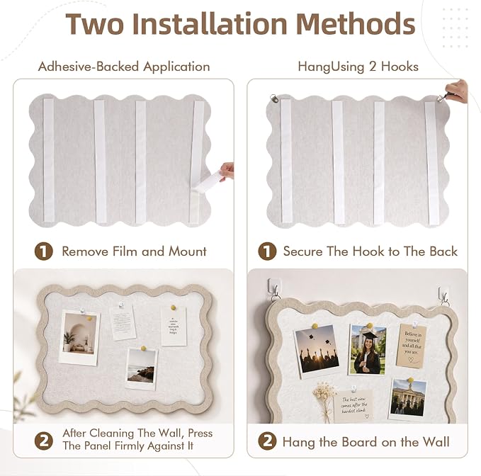 VABAMNA Scalloped Felt Bulletin Board 24"x18", Felt Cork Board Alternative for Wall, Foldable Picture Self-Adhesive Boards with Pins Hooks, Vision Boards for Photo Display School Home Office, Oatmeal
