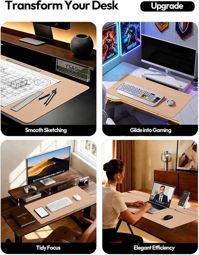YSAGi Leather Desk Protector, Office Mat, Large Mouse Pad, Non-Slip PU Leather Blotter, Laptop Desk, Waterproof Writing Pad for Office and Home (Latte, 23.6" x 13.8")