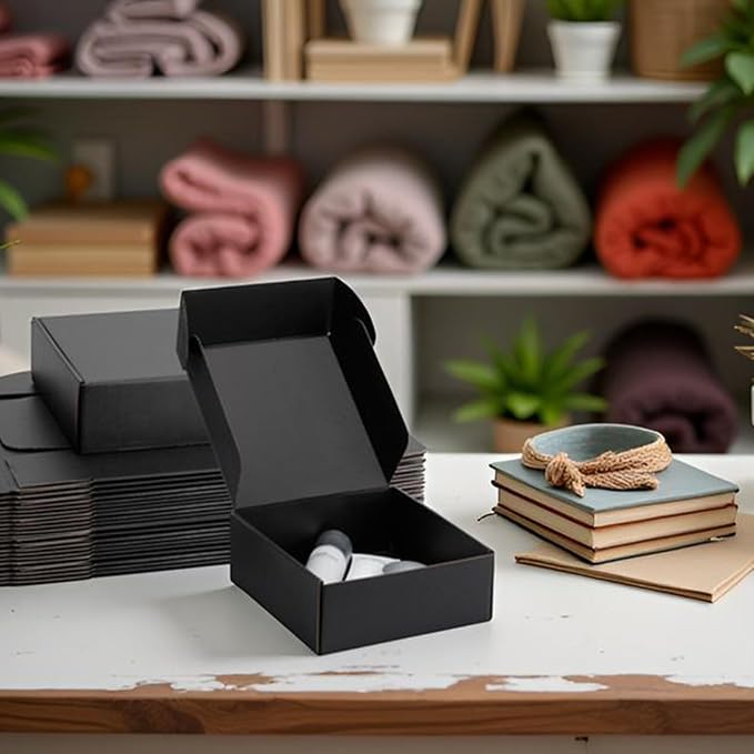 8x8x3 inch Black Shipping Boxes for Small Business- Set of 25 | Sturdy ECT 32 Corrugated Cardboard Mailer Boxes, Easy Assemble for Packaging, Mailing, Gift