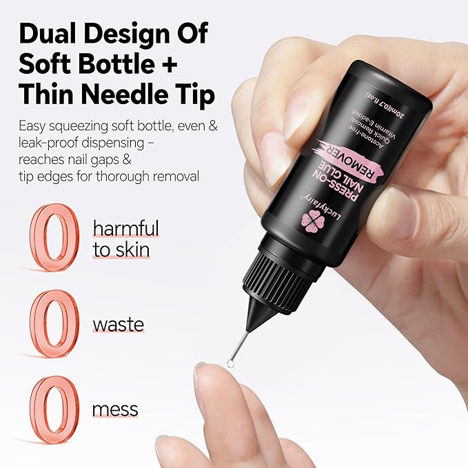 Pinpoint Press On Nail Remover: 2PCS 20ml Non-Acetone Nail Glue Remover with Cuticle Pusher, Multi-Functional Remover for Nails Tips, Gentle Nail Polish Remover with Upgraded Quick Easy Removal