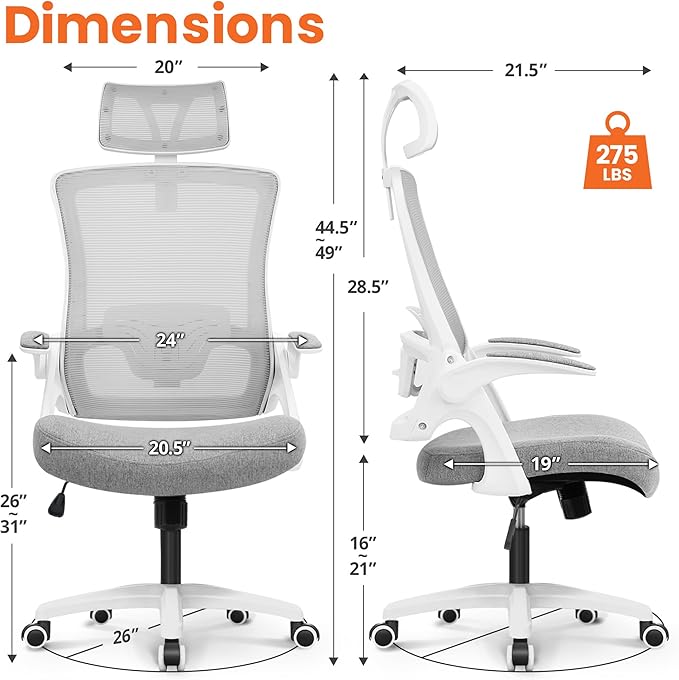 NEO CHAIR Office Desk Chair with Ergonomic High Back Mesh Headrest, Grey | Adjustable Headrest and Lumbar Support with Flip-Up Armrests Designed for Extended Sitting Comfort While Saving Space