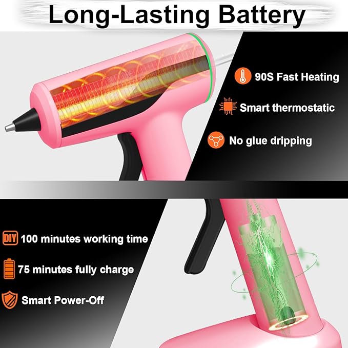 MONVICT Cordless Hot Glue Gun Kit, USB-C Rechargeable Mini Pink Glue Gun with 40 Pcs Premium Glue Sticks, 10 Pcs Craft sticks, Carrying Case, Smart Power-Off Hot Melt Glue Gun for DIY Craft Gift