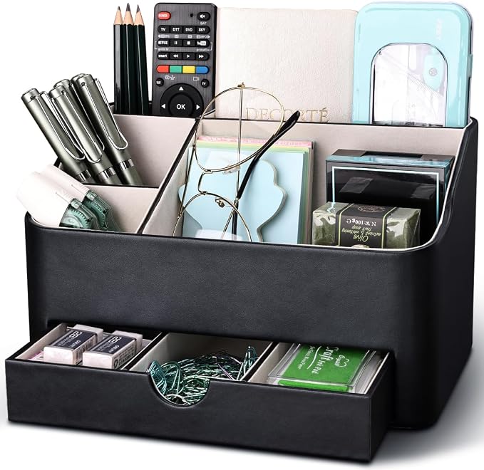 Desk Organizer with Drawer, Multifunction Pencil Holder for Desk, Desk Organizer and Accessories 5 Compartments for Home Office Supplies (Black)