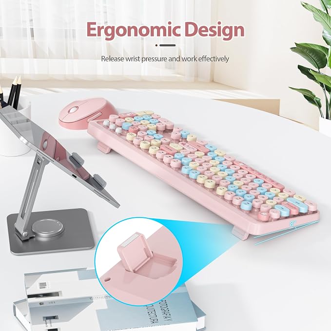 Wireless Keyboard Mouse,104 Keys Retro Typewriter Pink | 1600DPI Full Size With Number Pad & Mouse,Compatible With All Windows,Ideal For Computer, PC, Notebook, Laptop
