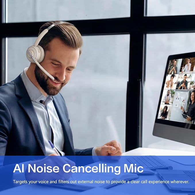 Bluetooth Headset, Wireless Headset with Mic for Work, Noise Cancelling Microphone, USB Dongle,Charging Stand, Mute Button for PC, Zoom, Teams, Office & Call Center, Cell Phones, Work from Home