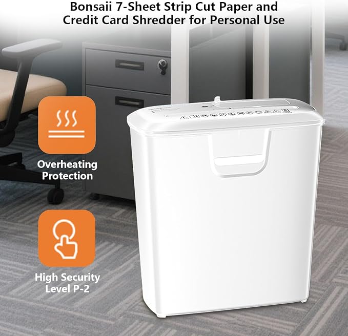 Bonsaii High-Performance 7-Sheet Strip-Cut Shredder, Low Noise, CD & Credit Card Compatible, with 3.4-Gallon Bin and Thermal Protection, White