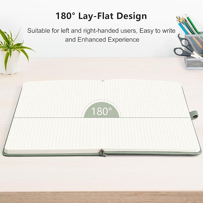 RETTACY Dotted Journal Notebook, 192 Pages, A5 Medium Size (5.7'' x 8.3''), Leather Hardcover, 100 GSM Thick Paper, for Journaling, Planning, Tracking (Sage Green)
