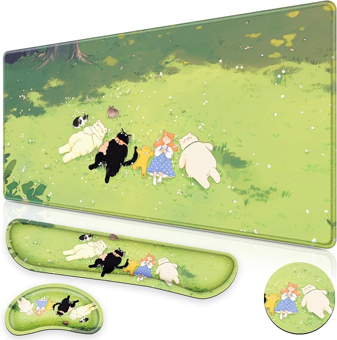 Canjoy Desk Mat with Wrist Rest, Anime Desk Pad for Keyboard and Mouse 4-in-1 Cute Cat Mouse Pad + Keyboard Wrist Rest+ Coaster(35.4×15.7 in) Extended Desk Pad Memory Foam Non-Slip Desk Mat