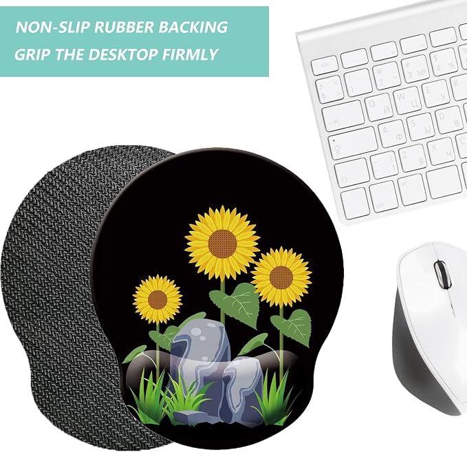 Mouse Pad with Wrist Support, Ergonomic Mouse Pad with Memory Foam Wrist Rest Cushion, Non-Slip Rubber Base Gaming Mice Pad for Home Office Computer Laptop, Sunflower