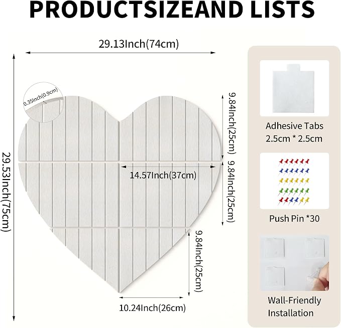 Heart Shaped Felt Bulletin Board 29"x29", 6 Tiles Wall Decor, Beige | Photo Display Memo Board for Office Home, Felt Pin Board with Adhesive Tiles and Pins for Notes, Photos and Artwork