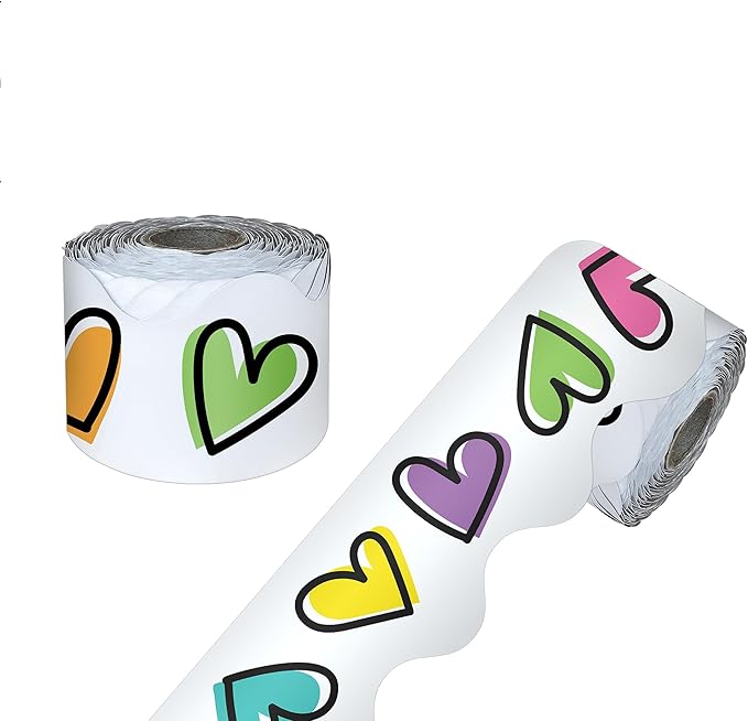 Carson Dellosa Kind Vibes 65Ft of Colorful Heart Bulletin Board Borders, 1 Roll of Scalloped Trim for Rolling Whiteboard, Posterboard, Party, Valentines Day Decorations, and Classroom Decor
