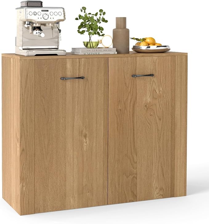 Giantex 38" Sideboard Cabinet with 2 Doors & 4 Shelves (Natural) | Bathroom Storage Organizer with Anti-Tipping Device, Metal Hinges, Credenza for Living Room, Kitchen, Entryway