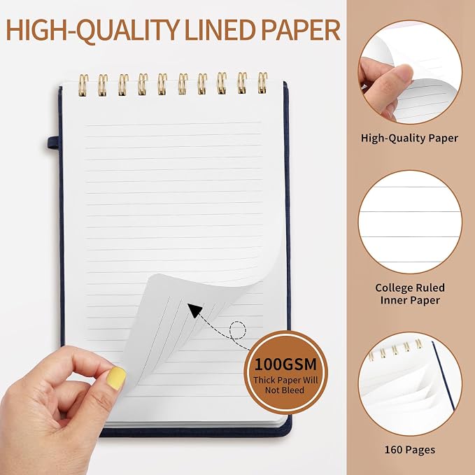 TSFPapier A5 Top Spiral Notebook, Fabric Hardcover College Ruled Journal | 100GSM Paper 160 Lined Pages, 5.7"x8.39" Steno Pads with Elastic Band & Pen Loop, for Work, School Note Taking (Yellow)