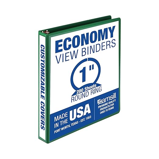 Samsill 1 Inch 3 Ring Binder, Economy Round Ring, Clear View Cover, 200 Sheet Capacity - for School, Home, Office - Forest Green