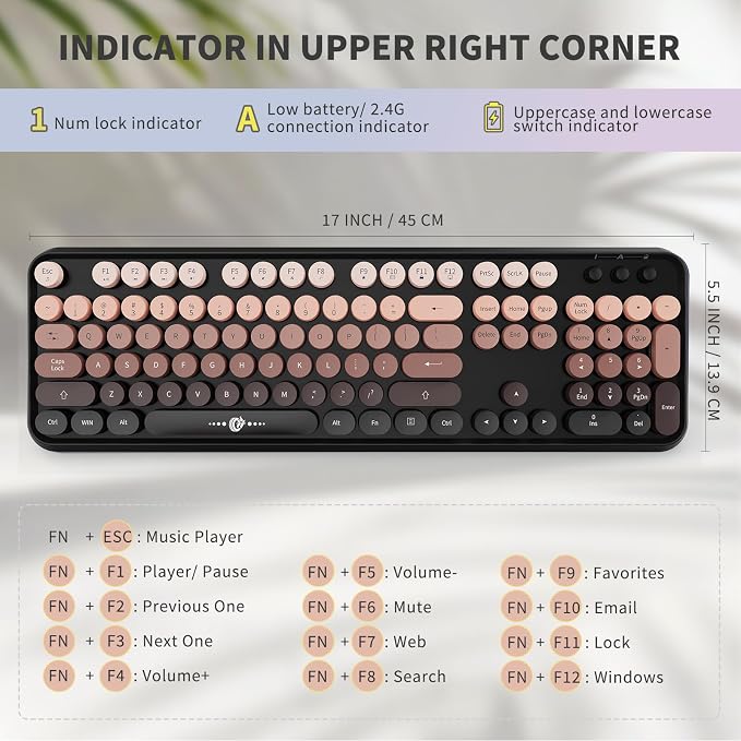 Wireless Keyboard and Mouse Combo, Retro Typewriter Style Keyboard with Round Keys, 2.4G Wireless Cute Keyboard and Mouse Set for PC, Laptop and Desktop-Black and Rose Gold