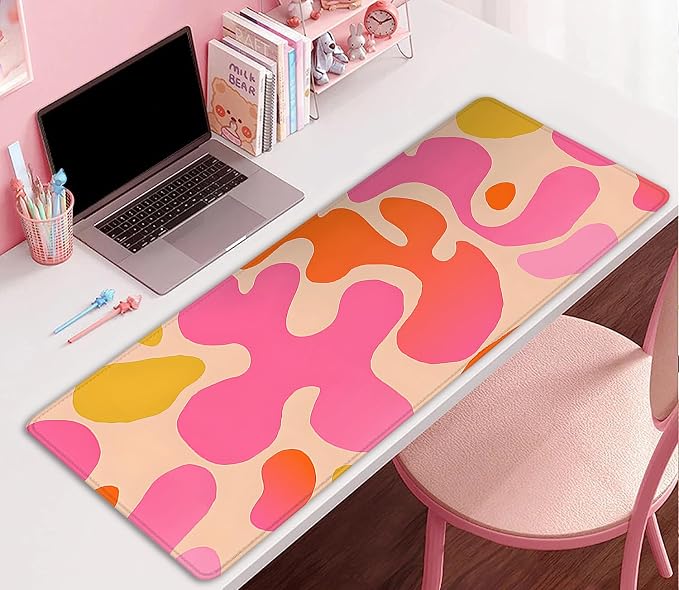 Pink Abstract Desk Mat Mouse Pad,Mouse Mad XL Cute Desk Pad Keyboard Mat,Desk Accessories for Women Office Decor, Extended Mousepad Non-Slip Rubber Base with Stitched Edges(27.5X11.8 in)