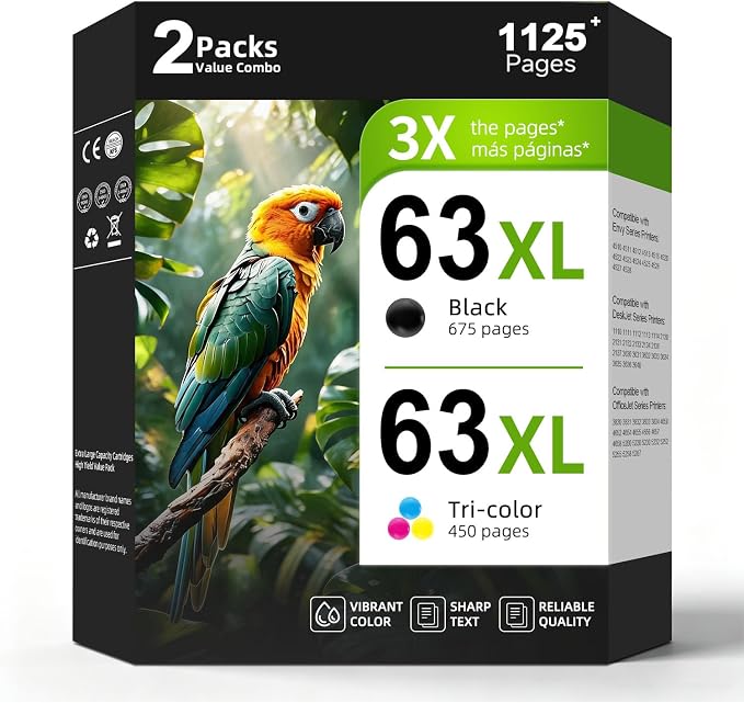63XL Ink Cartridge Black Color Combo Pack Replacement for HP63 HP63XL HP 63 | XL 2-Pack for Envy 4520 4512 4510 Officejet 3830 5255 4655 4650 5258 5200 4652 5252 Deskjet 3630 3632 3633 2132 1112 Printer