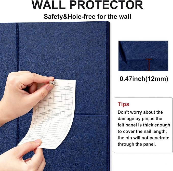 Felt Wall Tiles Bulletin Board Large Cork Board Alternative 6 Pack 11.81”x11.81”x0.47” Felt Pin Board Tack Board with Safe Removable Adhesive Tabs for Home Office School 36x24 (Dark Blue)