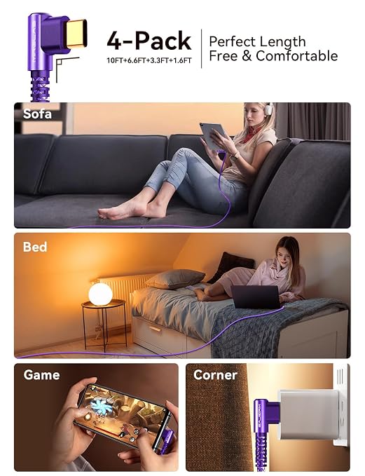 3.2A USB Type C Charger Cable [4-Pack, 90° &Gold-Plated] Fast Charge | 10+6.6+3.3+1.6FT, Right Angle Type C Charger Durable Braided Cord for iPhone 17 16 15 Samsung S10 Note 10 S21 LG -Purple