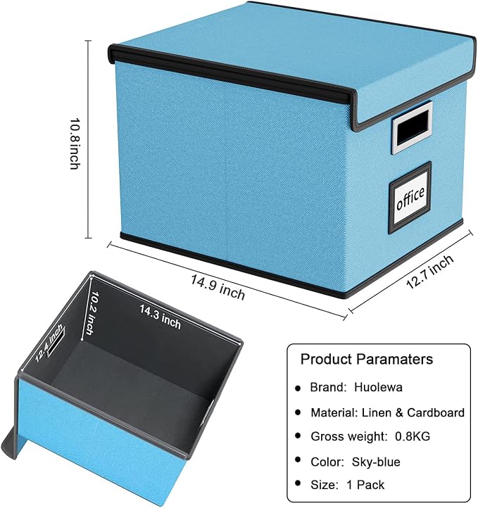 File Organizer Box with Lids, Collapsible File Folder Organizer | File Box with Plastic Slides for Office Document Storage, Filing Bin for Letter Size Hanging File Folders (1 Pack, Sky-blue)
