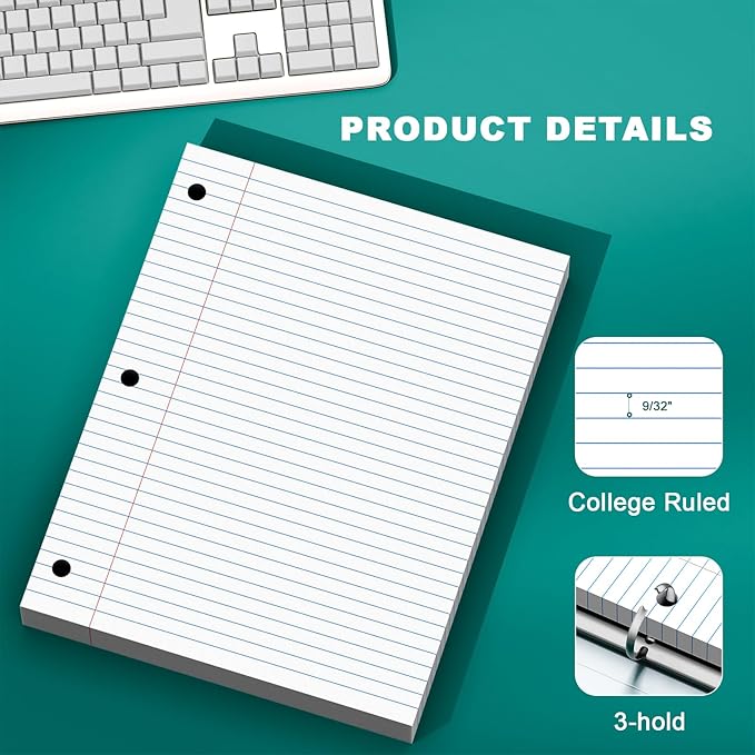 Loose Leaf Paper 8 X 10.5, 200 Sheets Notebook Paper, 3 Hole Punched Paper,College Ruled 8 X 10.5 Note Pads, Writing Pads,10-1/2" X 8 Binder Filler Paper For, Engineering, Office, School Supplies