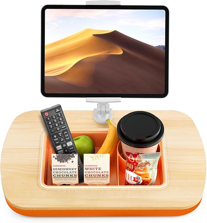 Tablet Pillow Stand for Lap Use with Snack Bowl and 360° Rotating Arm, Adjustable iPad Holder for Bed, Couch, and Recliner, Compatible with 4.7"-13" Kindle, iPad, Tablet, Phone,Orange