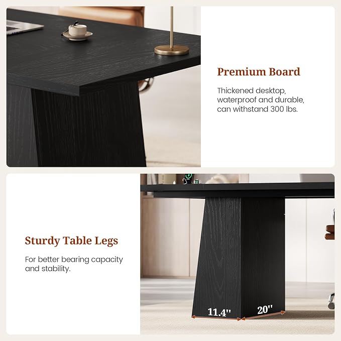 63 in Executive Desk with Power Outlets, Modern Home Office Desk with Storage Cabinet, Wood Computer Desk Business Workstation Desk Conference Table Black