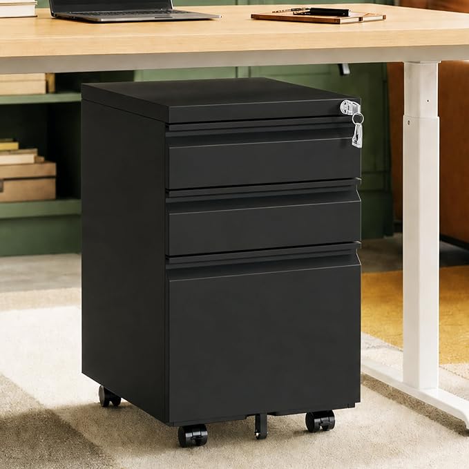 3 Drawer Small Under Desk Rolling File Cabinet with Lock for Home Office | Fully Assembled,Central Locking System,Metal,Pencil Tray,Hanging File Bar,Anti-Tipping Caster