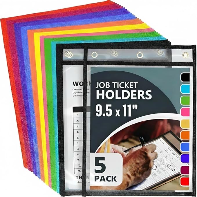 5 Pack Job Ticket Holders 9x12 - Colored Work Order Plastic Sleeves for Documents - Shop Ticket Holders - Heavy Duty Plastic Permit Holder Sleeves - Dry Erase Pocket - Dry Erase Sleeve - Pocket Sleeve