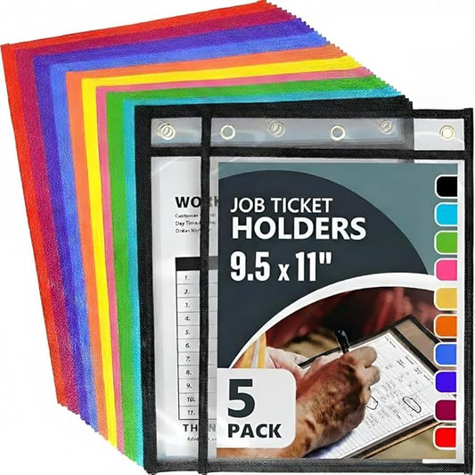 5 Pack Job Ticket Holders 9x12 - Colored Work Order Plastic Sleeves for Documents - Shop Ticket Holders - Heavy Duty Plastic Permit Holder Sleeves - Dry Erase Pocket - Dry Erase Sleeve - Pocket Sleeve