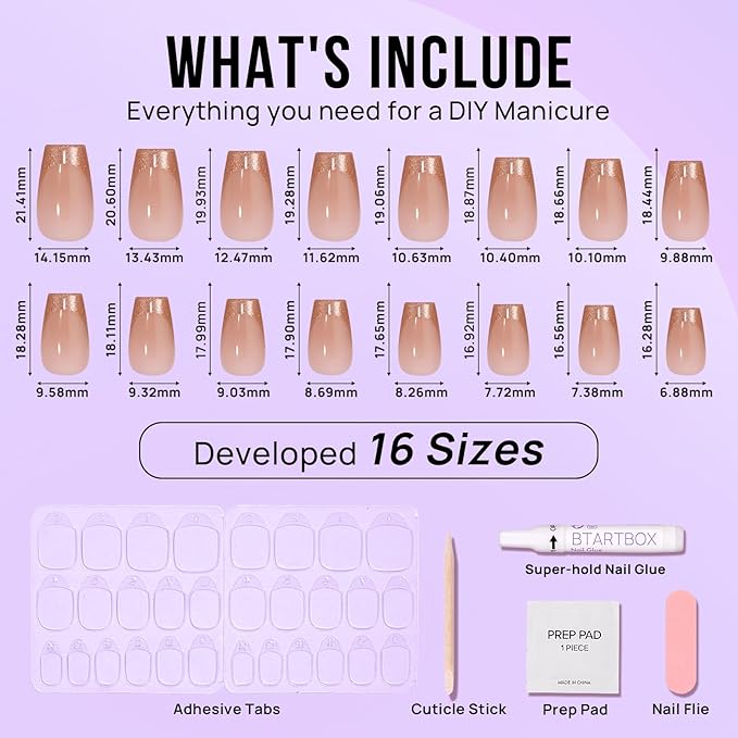 BTArtbox Press on Nails Coffin - Gold Rose French Tips Press On Nails Short for Women, Cat Eye Nail Tips, Glitter Fake Nails with Glue, Glue On Nails in 16 Sizes - 32 Nail Kit, Gold Dust