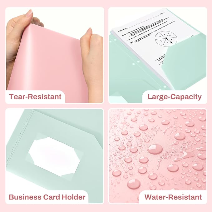 SUNEE 3 Hole Pocket Folders (12 Pack, Pastel Color) Plastic Pocket Folders for 3 Ring Binder, 3-Hole Punched Folders with Pockets, for Kids, Students, Teachers, Office Staff