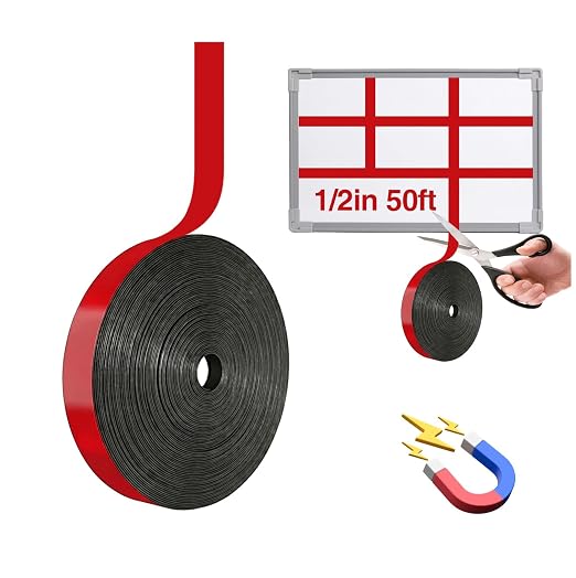 CHUNNIAO 1/2" x 50' Red Magnetic Tape for Large Whiteboard in Classsroom,Gridding Line Tape,Teacher Must Have Magnet Border Strip