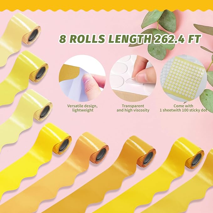 8 Rolls 262.4 Ft Yellow Bulletin Board Borders - Yellow Bulletin Board Borders for Classroom, School & Office Decor - Bulletin Boards Decorations - Bulletin Boards Trim