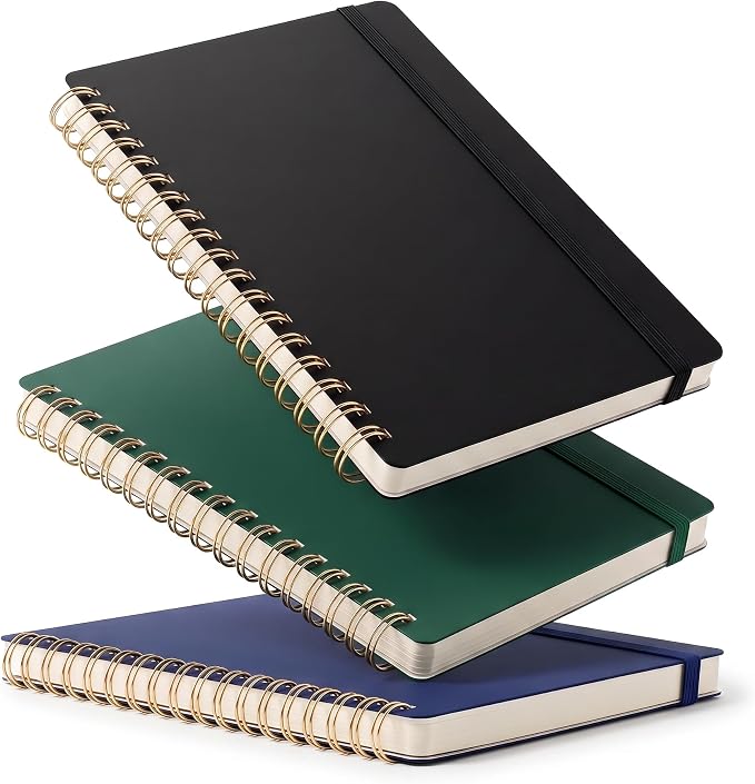 RETTACY Spiral College Ruled Notebook, 140 Pages per Pack, B6 (5" x 7") | 3-Pack, Small Pocket Size, Soft Cardboard Cover, for School, Work, Writing, Journaling (Black & Dark Green & Navy Blue)