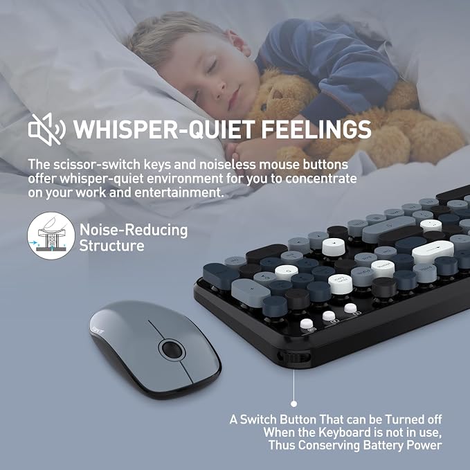 Wireless Keyboard and Mouse Combo, 105 Keys Full-Sized 2.4 GHz Round Keycap Colorful Keyboards, USB Receiver Plug and Play, for Windows, Mac, PC, Laptop, Desktop (Grey Colorful)