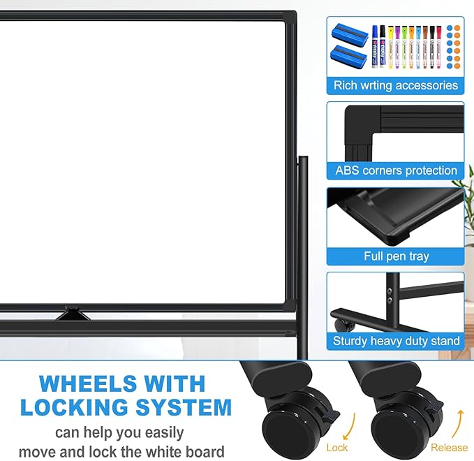 Magnetic Dry Erase Board with Stand, Double-Sided 36"x24" White Board with Stand, Mobile Whiteboard Rolling Whiteboard on Wheels for Kids & Adults, 2 Eraser, 10 Markers, 12 Magnets