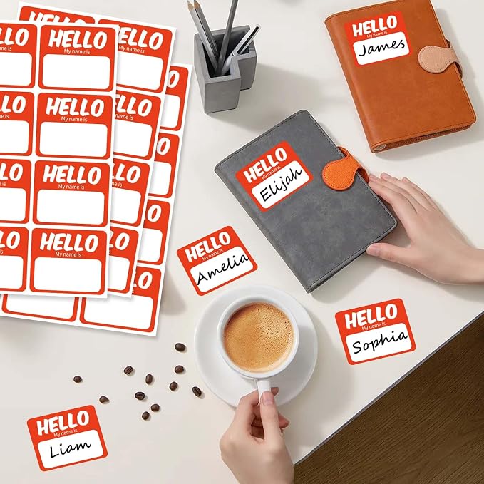256 Pcs Name Tags Sticker 3"x2.5" Hello My Name is Stickers, Orange-red Name Labels Adhesive Identification Name Badges for School, Office, Meeting, Family Parties, Mailing